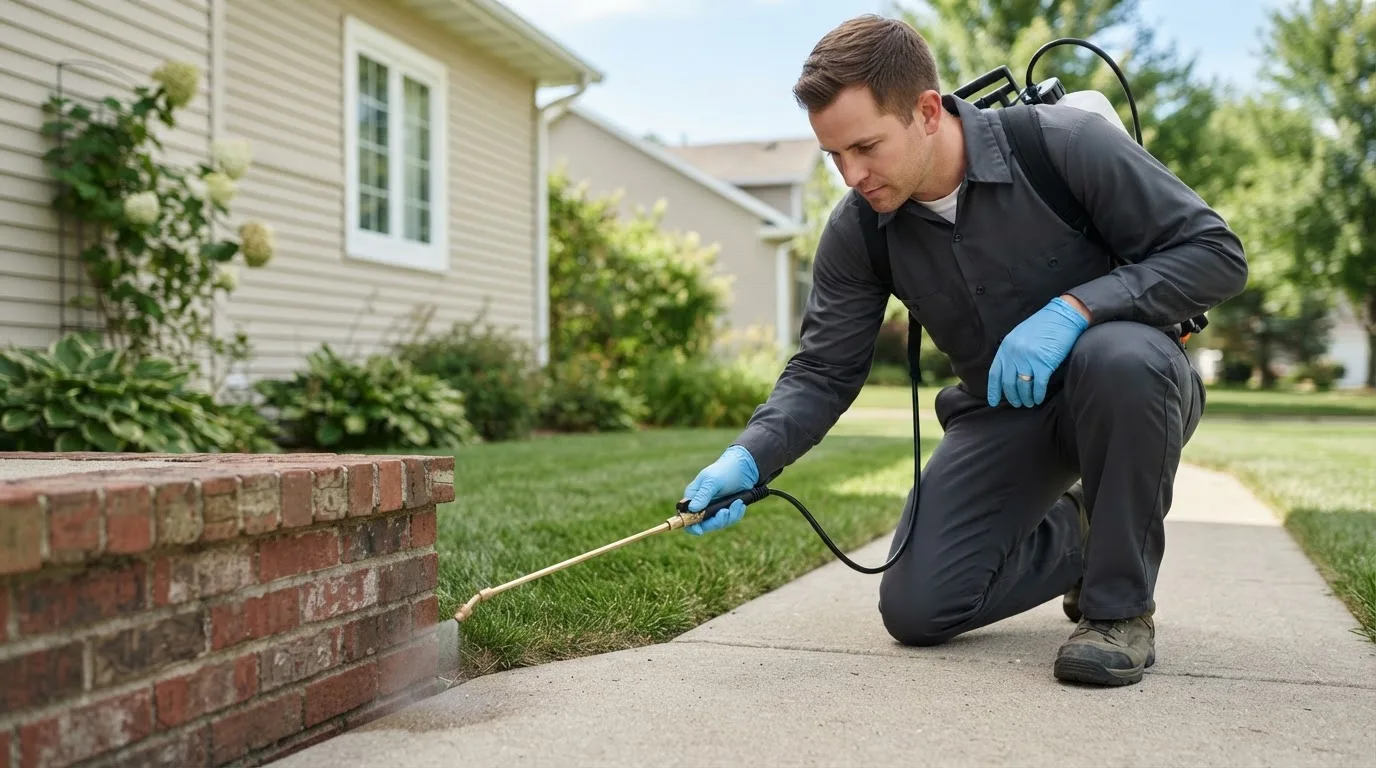 Pest control technician treating a home near Gillett, PA